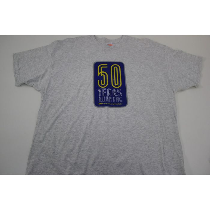 T-SKJORTE FRA IPD. LOGO BLÅ.GUL 50 YEAR RUNNING GRÅ.